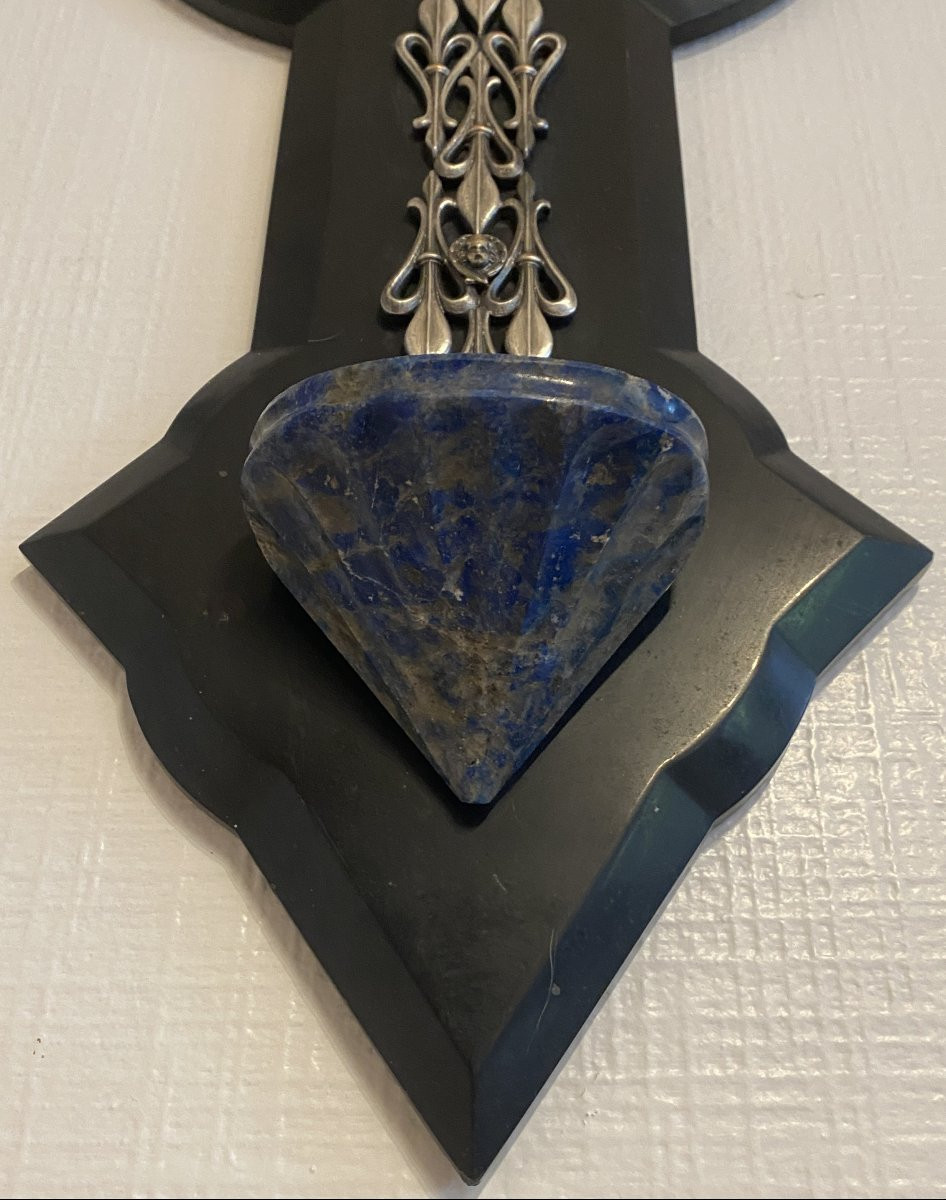 Grand Bénitier Piéta de J C Sanson en marbre, Lapis lazuli et Métal argenté XIX ème -photo-2