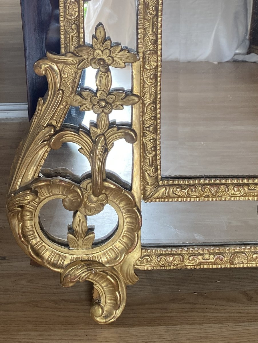 Grand Miroir ou glace A Parecloses En Bois Sculpté Et Doré Epoque Régence XVIII ème-photo-3