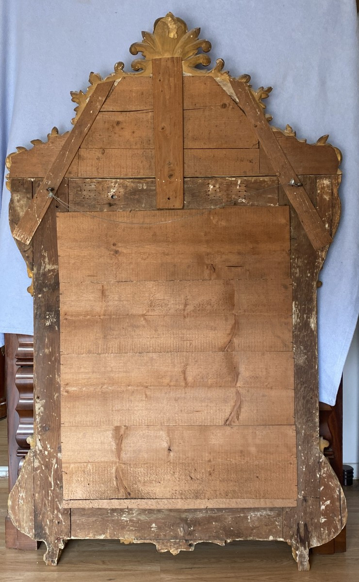Grand Miroir ou glace A Parecloses En Bois Sculpté Et Doré Epoque Régence XVIII ème-photo-6
