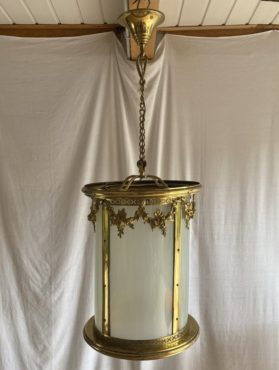 Grande lanterne  de style Louis XVI ronde en verre dépoli XX ème-photo-2