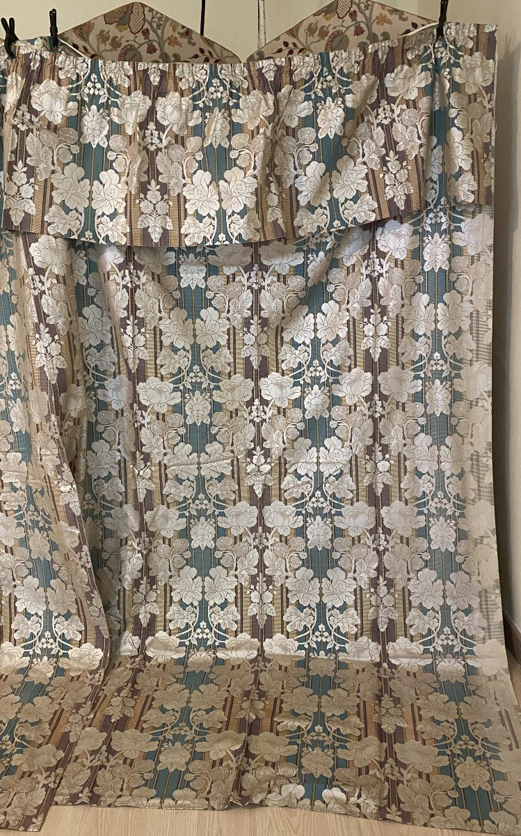 Paire de rideaux Art Déco avec cantonnière  Aux Fleurs argentées -photo-4