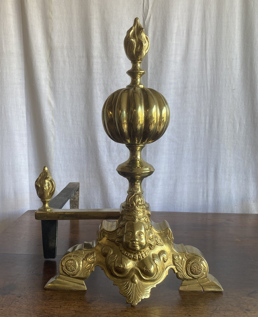 Pair Of Andirons Or Fireplace Fronts Called "marmouset" In Gilded Bronze, 19th Century-photo-3