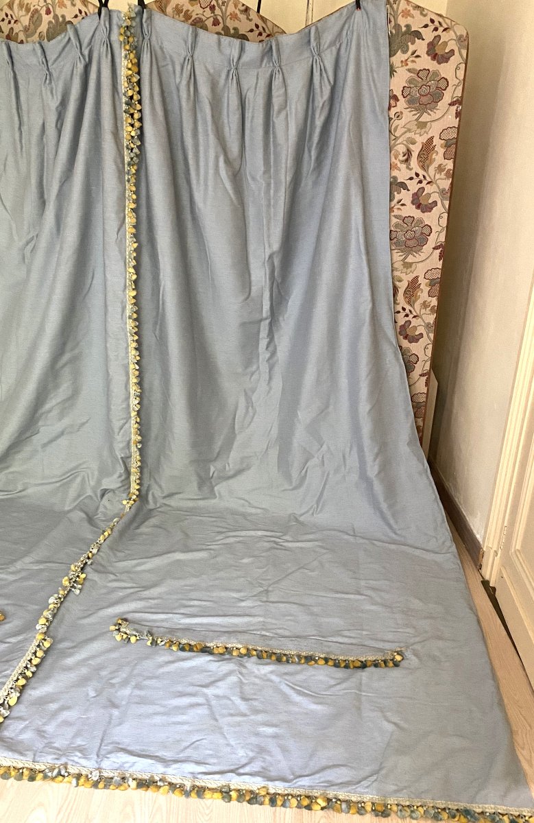 Second Pair Of Sky Blue Cotton And Silk Curtains With Decorative Trims-photo-2