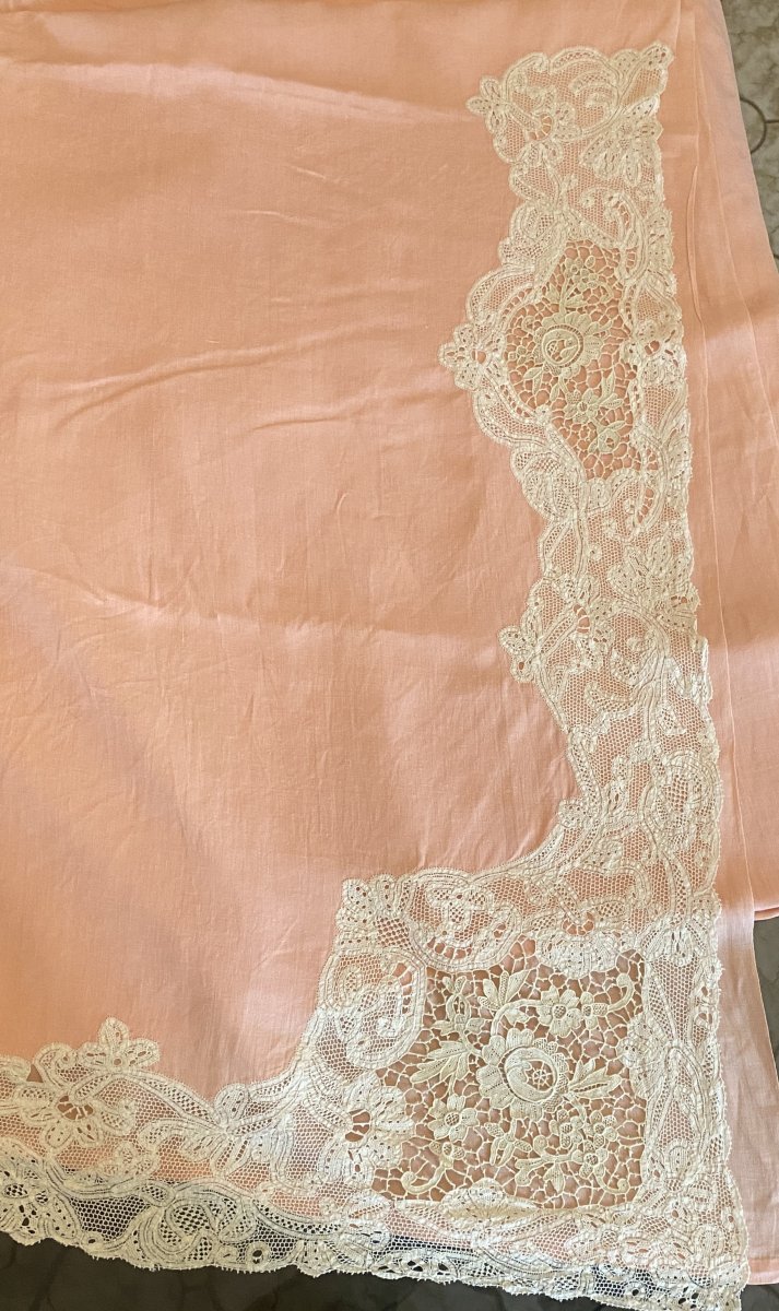 Linen Lace Trousseau Cloth And Its Traversin Linen Thread Lace With A Decoration Of Flowers-photo-4