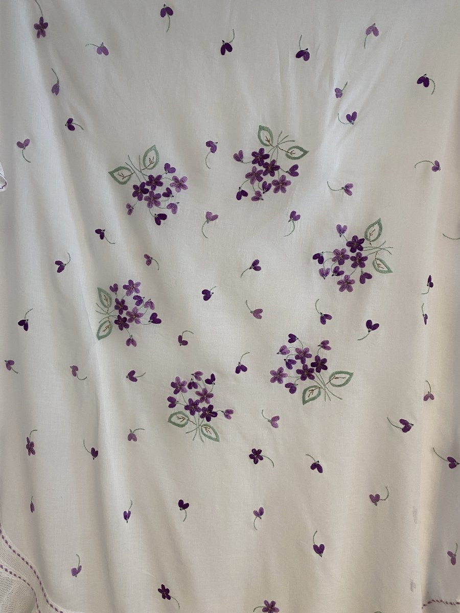 Nappe Ronde  Fils De Lin à Décor De Violettes   XX ème-photo-2