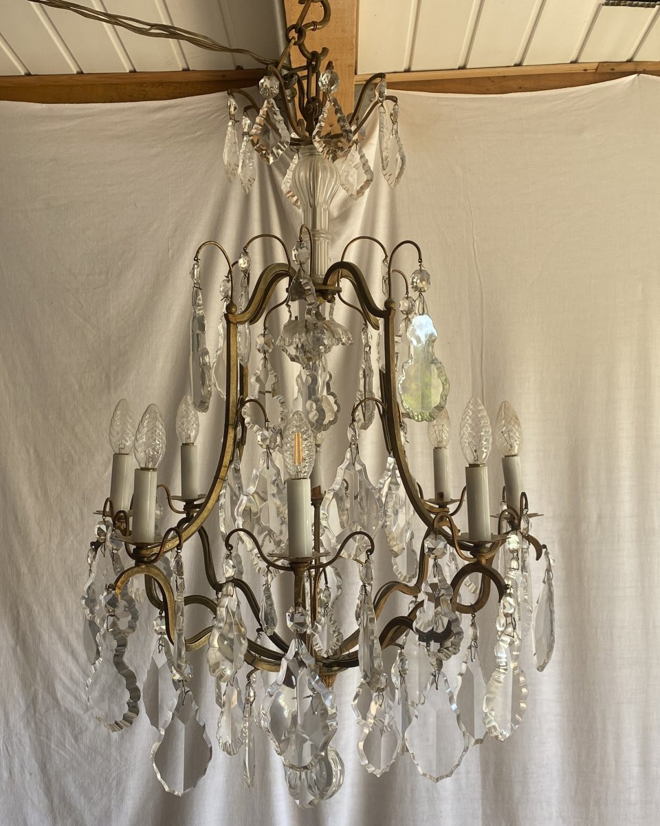Large 9-light Bronze Cage Chandelier With Crystal Pendants, 19th Century-photo-2