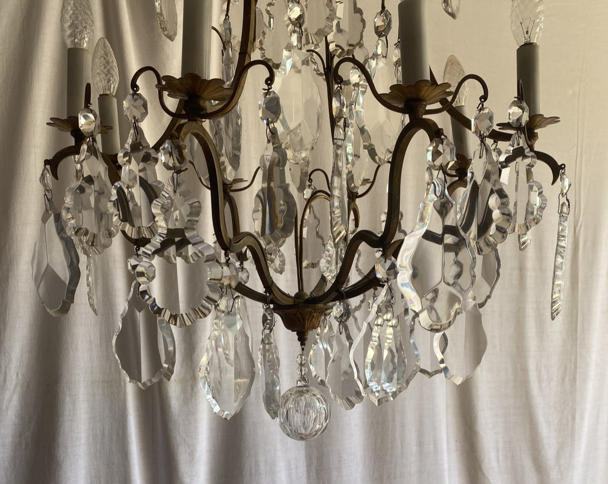 Large 9-light Bronze Cage Chandelier With Crystal Pendants, 19th Century-photo-4