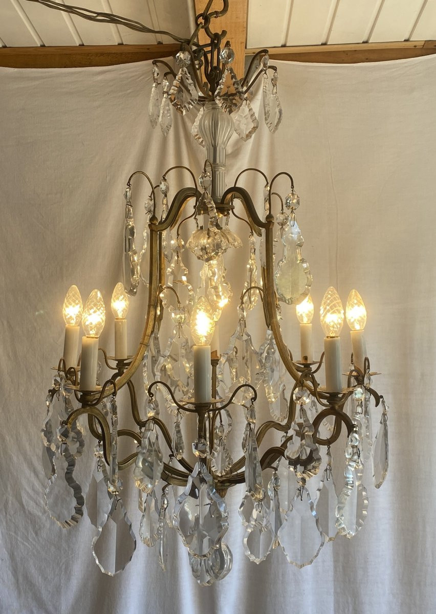 Large 9-light Bronze Cage Chandelier With Crystal Pendants, 19th Century-photo-1