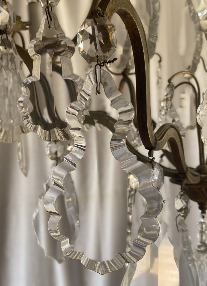 Large 9-light Bronze Cage Chandelier With Crystal Pendants, 19th Century-photo-4