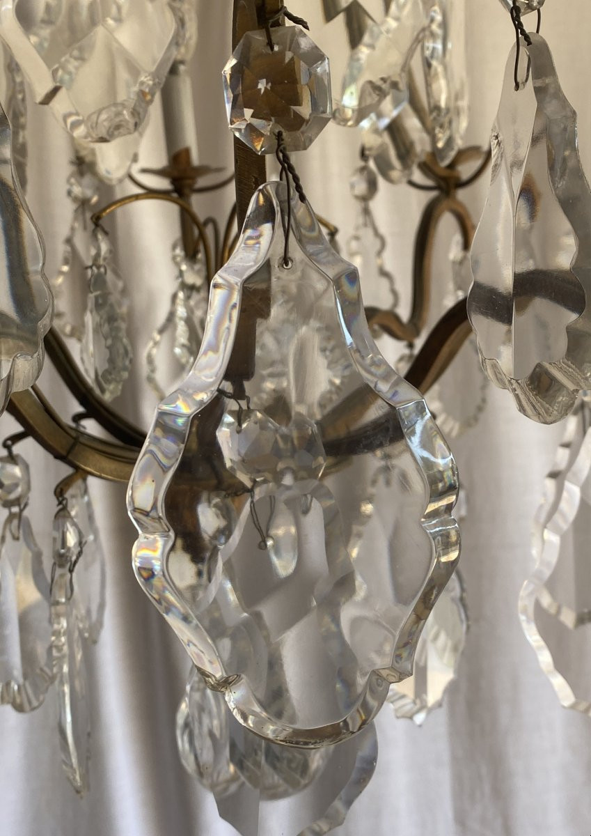 Large 9-light Bronze Cage Chandelier With Crystal Pendants, 19th Century-photo-5