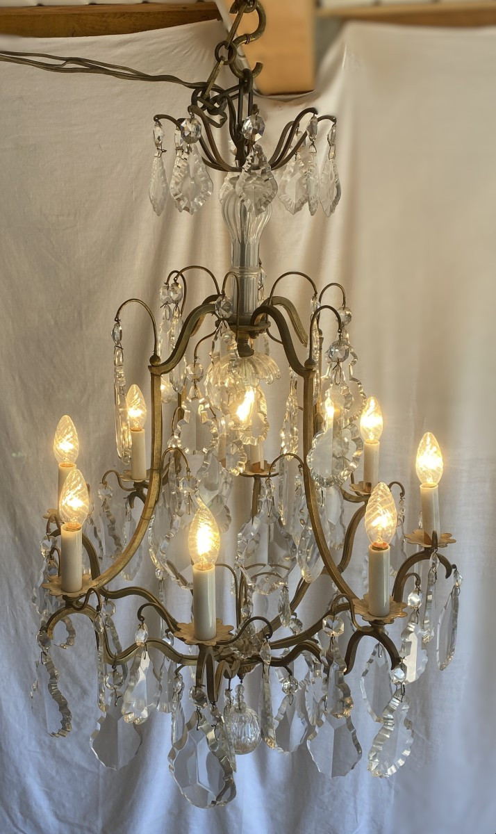 Large 9-light Bronze Cage Chandelier With Crystal Pendants, 19th Century