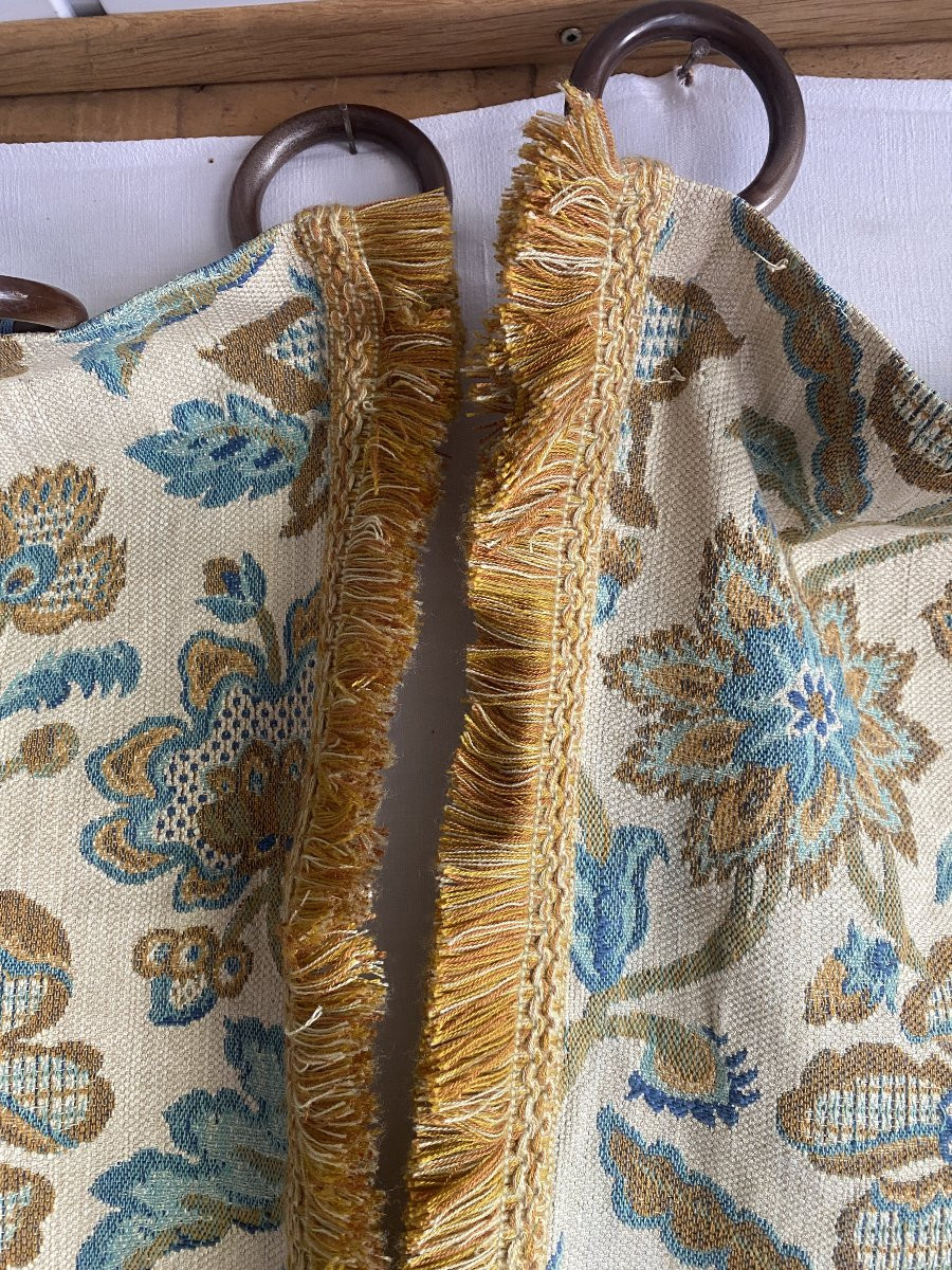 Pair Of Curtains With Blue Floral Decoration, 20th Century-photo-3
