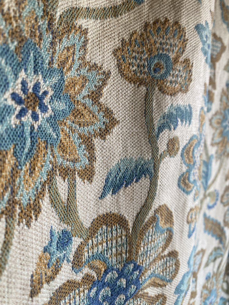 Pair Of Curtains With Blue Floral Decoration, 20th Century-photo-4