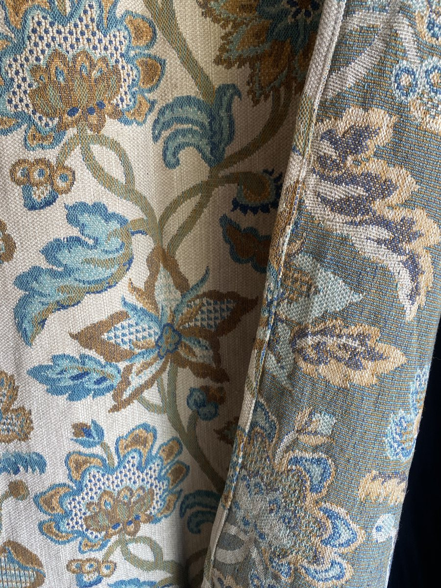 Pair Of Curtains With Blue Floral Decoration, 20th Century-photo-1