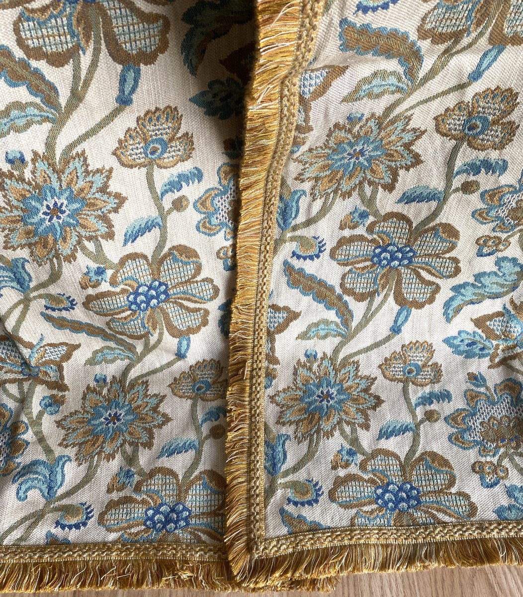 Pair Of Curtains With Blue Floral Decoration, 20th Century-photo-2