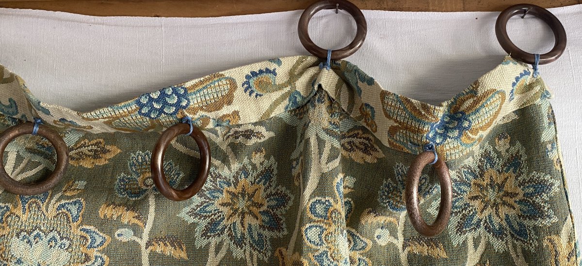 Pair Of Curtains With Blue Floral Decoration, 20th Century-photo-3