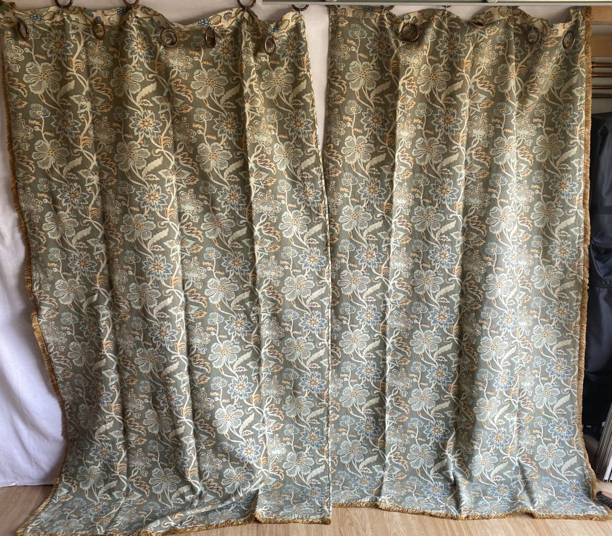 Pair Of Curtains With Blue Floral Decoration, 20th Century-photo-4