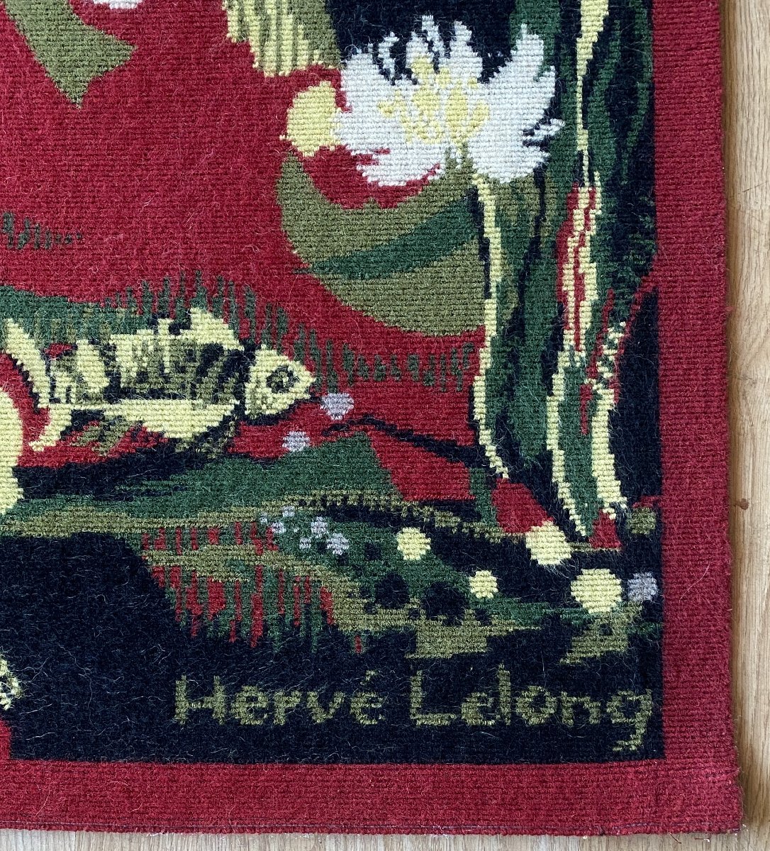 Hervé Lelong Wool Tapestry With Marine "water Flower" Decor, 20th Century-photo-1