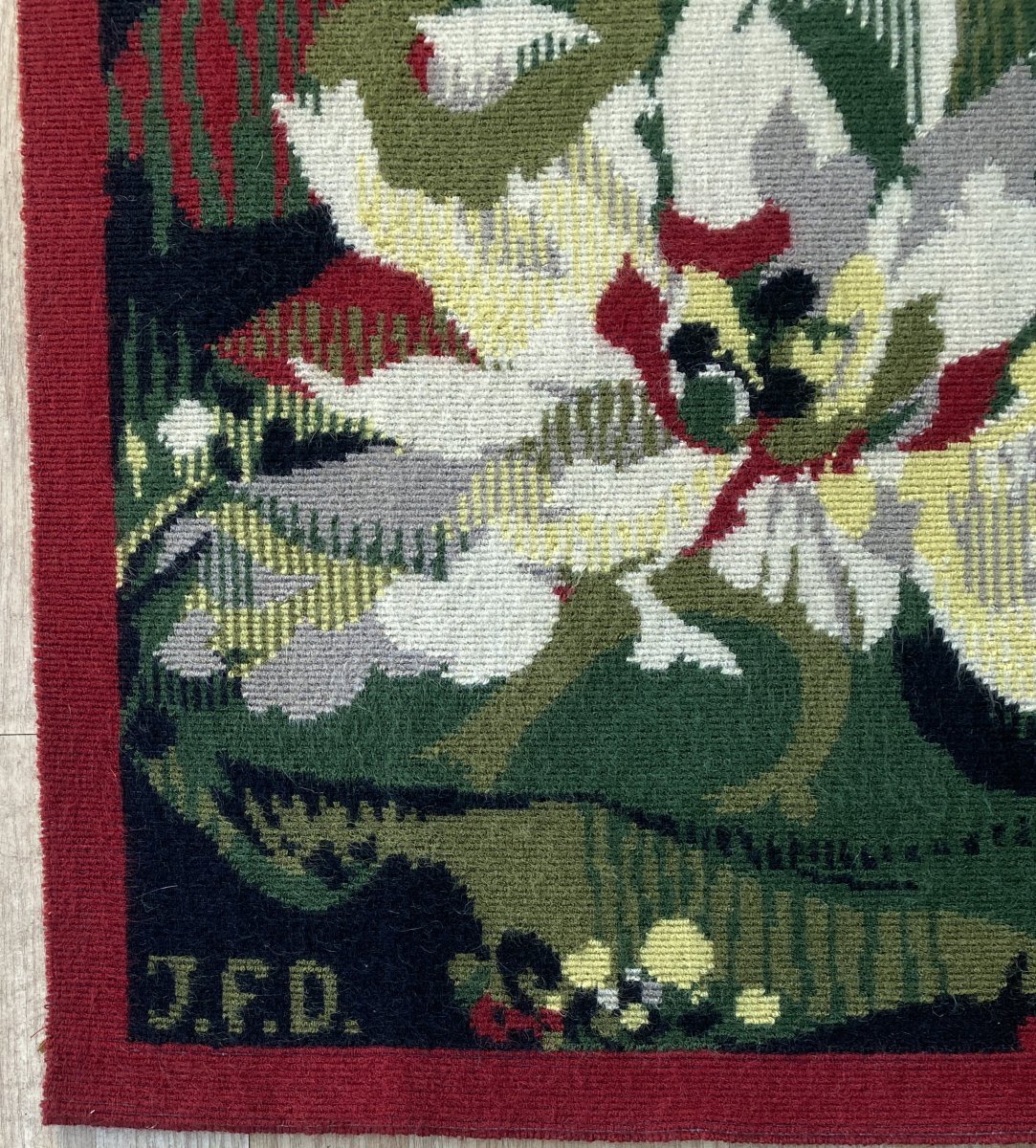 Hervé Lelong Wool Tapestry With Marine "water Flower" Decor, 20th Century-photo-2