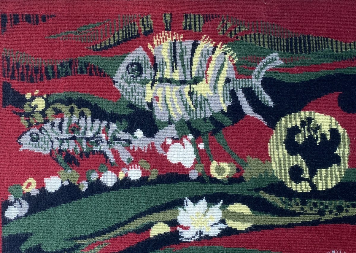 Hervé Lelong Wool Tapestry With Marine "water Flower" Decor, 20th Century-photo-3