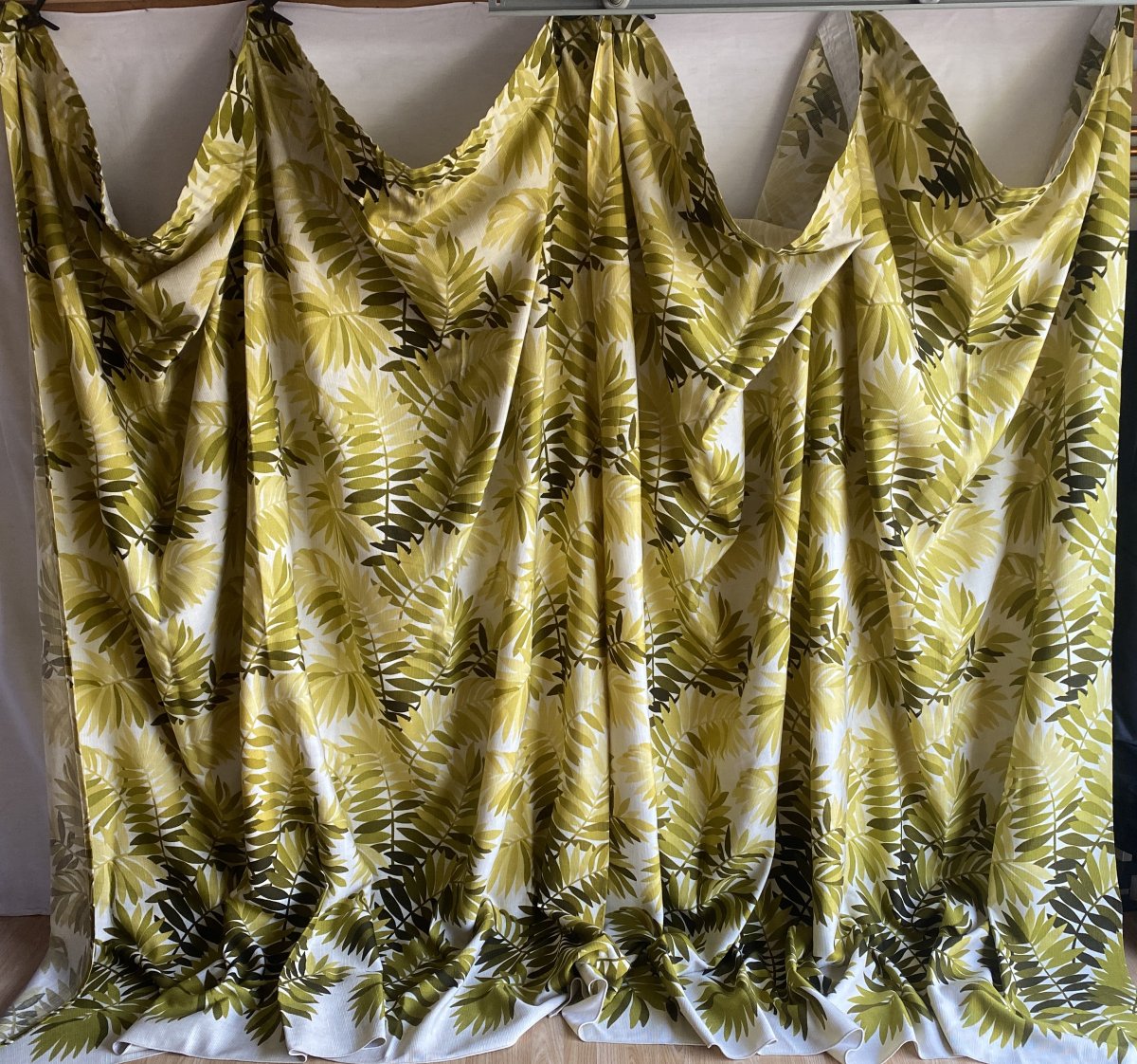 Large paire de rideaux vintage 1970 – motif feuillage-photo-3