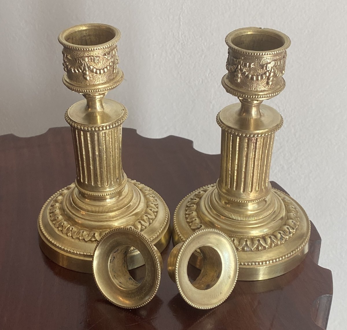 Pair Of Lxvi Style Candlesticks Or Table Ends In Chiseled Gilt Bronze From The 19th Century-photo-4