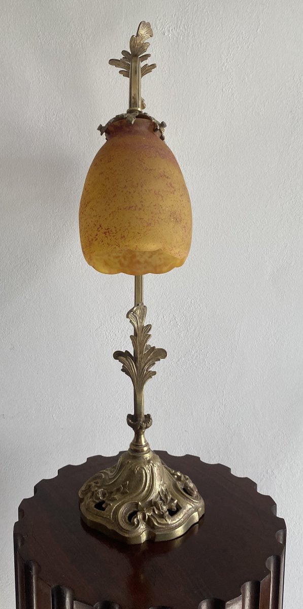 Lampe à poser Art Nouveau en Bronze et Tulipe En Pâte De Verre de DELATTE Nancy XX ème-photo-1