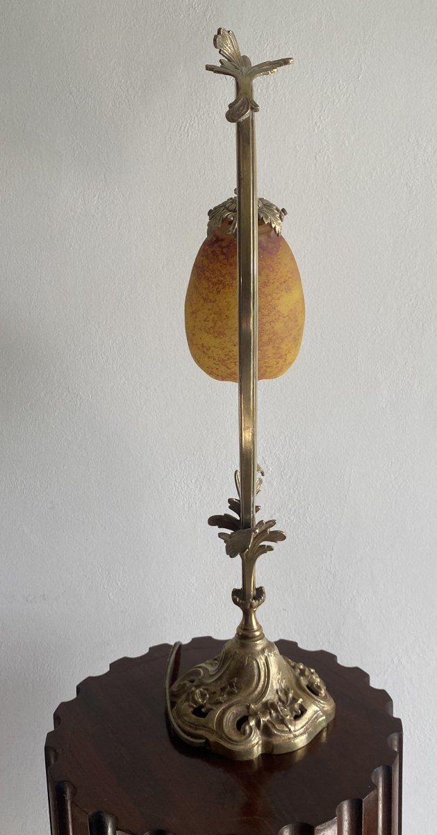 Lampe à poser Art Nouveau en Bronze et Tulipe En Pâte De Verre de DELATTE Nancy XX ème-photo-2
