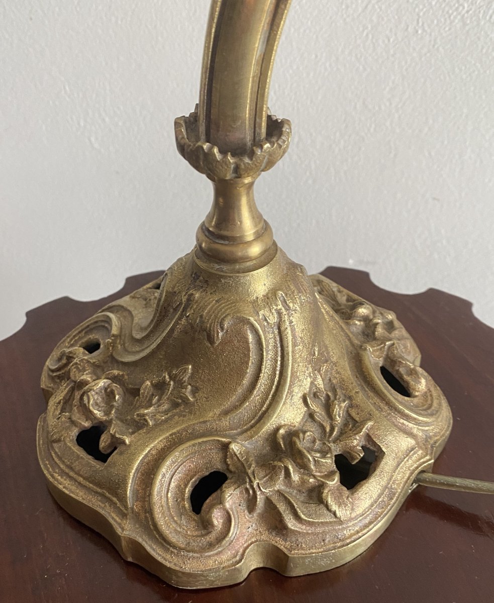 Lampe à poser Art Nouveau en Bronze et Tulipe En Pâte De Verre de DELATTE Nancy XX ème-photo-4