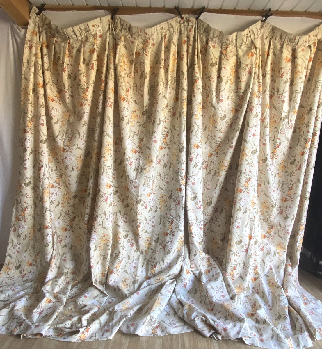 Pair Of Cotton And Linen Curtains With A Floral Pattern – 20th Century-photo-2
