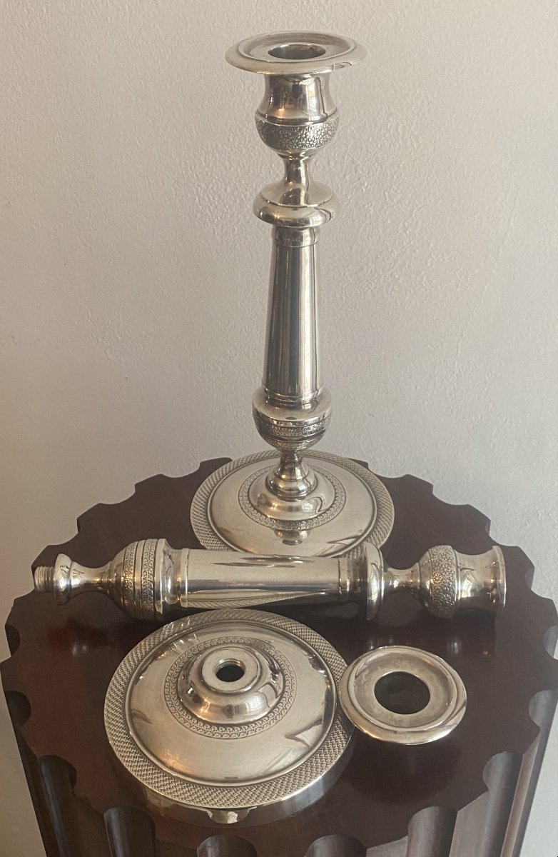 Pair Of Empire Period Candlesticks In Silvered And Chased Bronze, 19th Century-photo-2