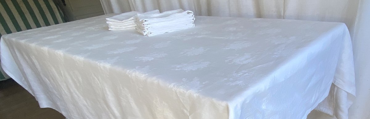 Nappe et ses 12 serviettes en lin damassé – Monogramme H L – XIXᵉ siècle-photo-2