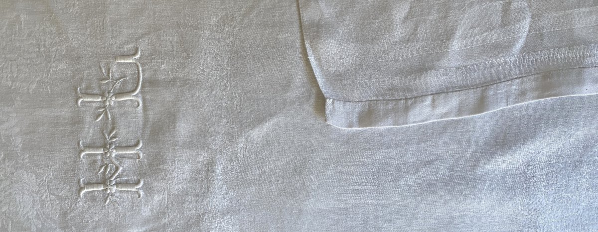 Nappe et ses 12 serviettes en lin damassé – Monogramme H L – XIXᵉ siècle-photo-5