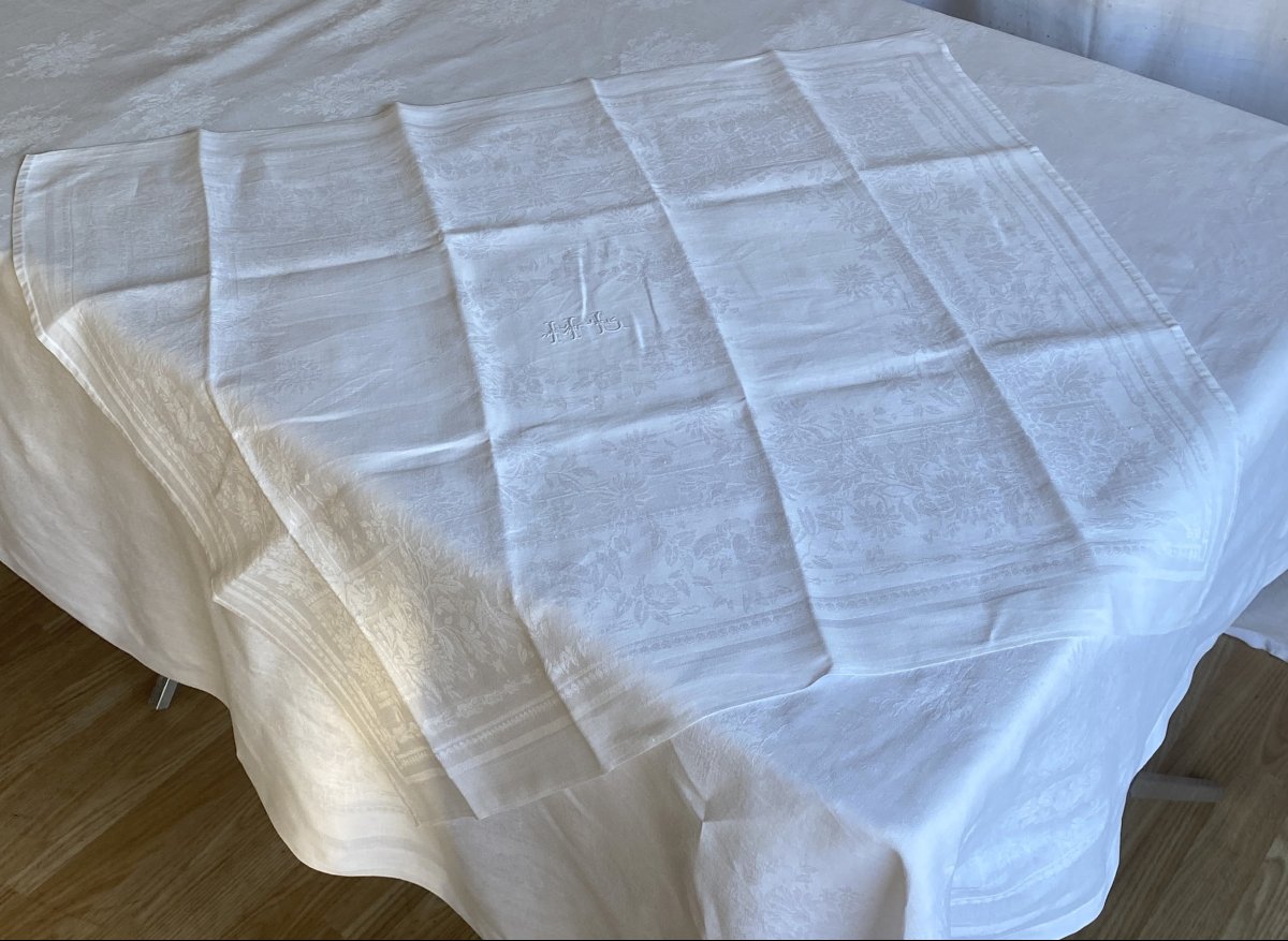 Nappe et ses 12 serviettes en lin damassé – Monogramme H L – XIXᵉ siècle-photo-6
