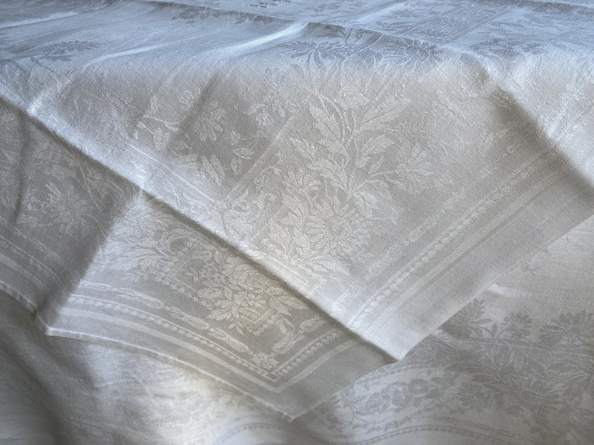 Nappe et ses 12 serviettes en lin damassé – Monogramme H L – XIXᵉ siècle-photo-7