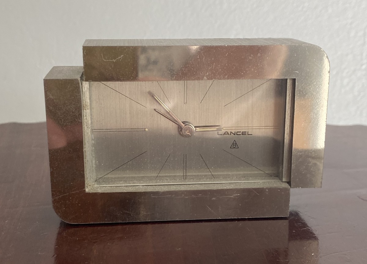 Lancel Clock Or Alarm Clock In Chromed And Brushed Bronze, 20th Century