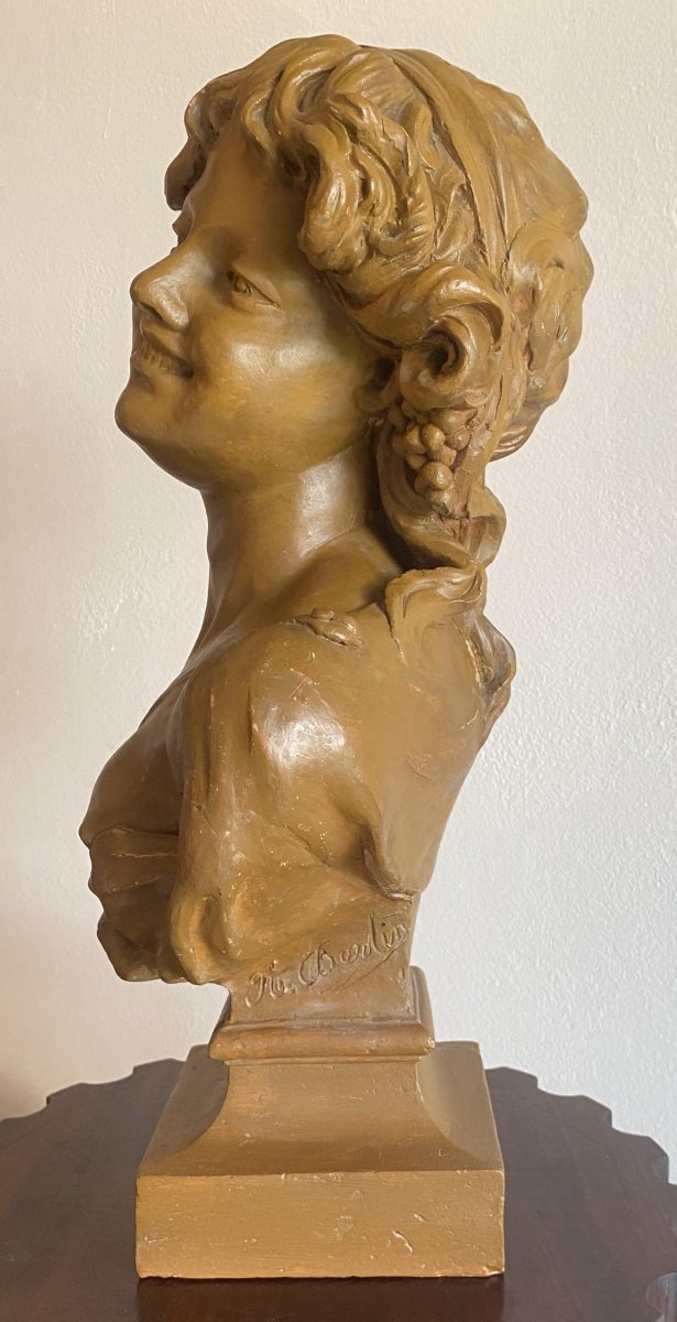 A Bertin buste en terre cuite jeune fille aux raisins  Vendange XIX ème-photo-2