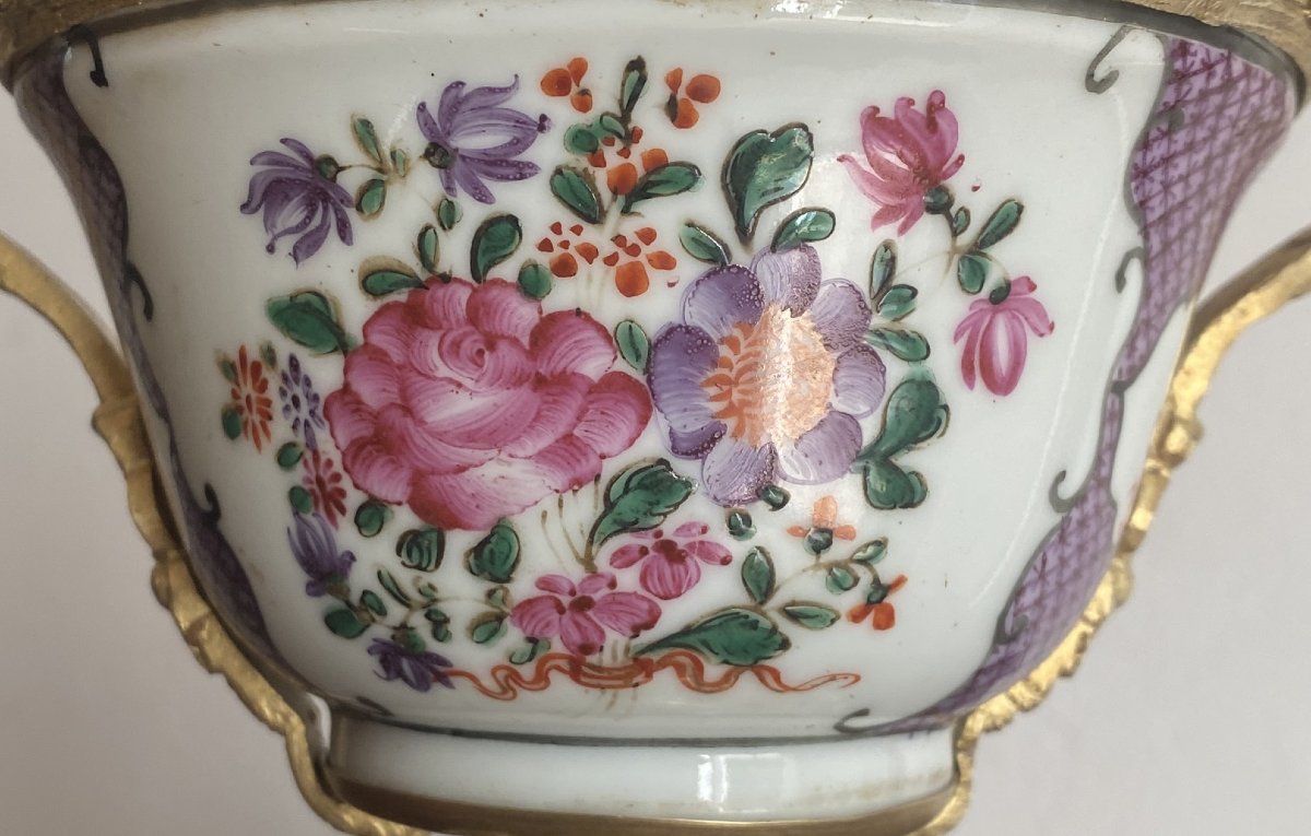Coupe en porcelaine et bronze doré compagnie des Indes XVIII ème-photo-3