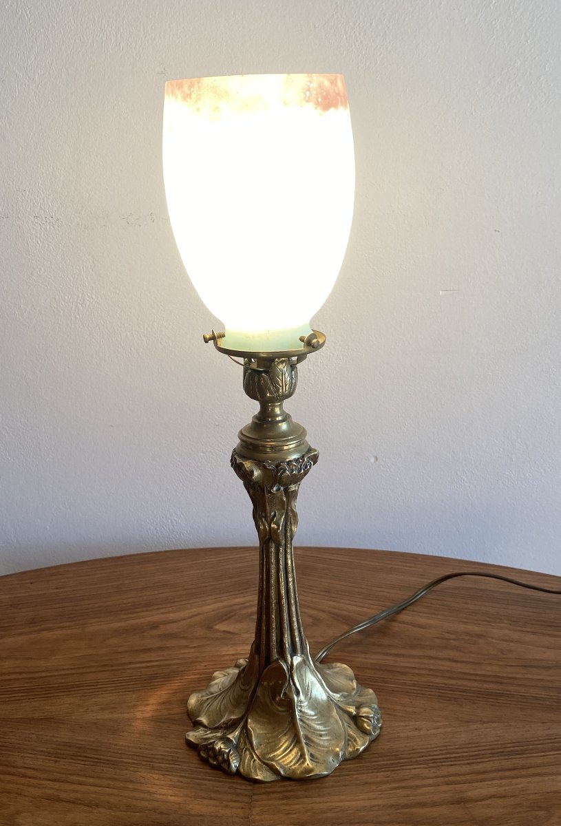 Art Nouveau Table Lamp In Bronze And Pâte De Verre Tulip Shade, 20th Century-photo-2