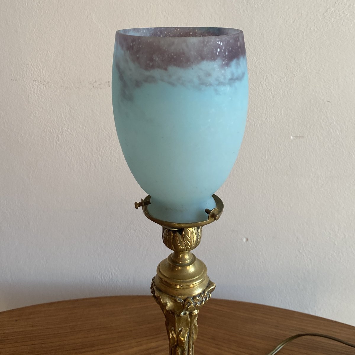 Art Nouveau Table Lamp In Bronze And Pâte De Verre Tulip Shade, 20th Century-photo-3