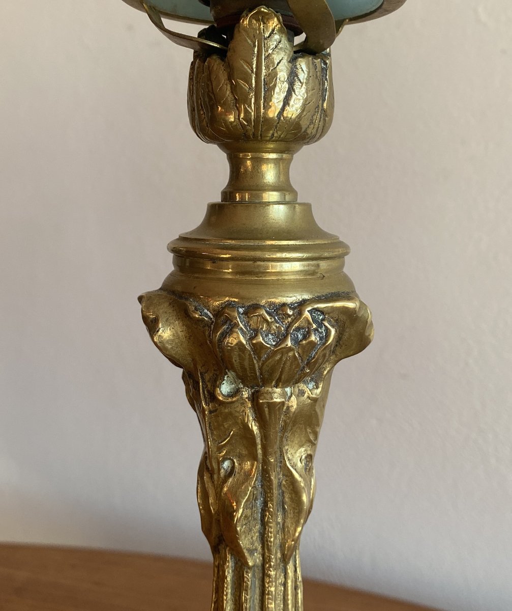 Art Nouveau Table Lamp In Bronze And Pâte De Verre Tulip Shade, 20th Century-photo-2