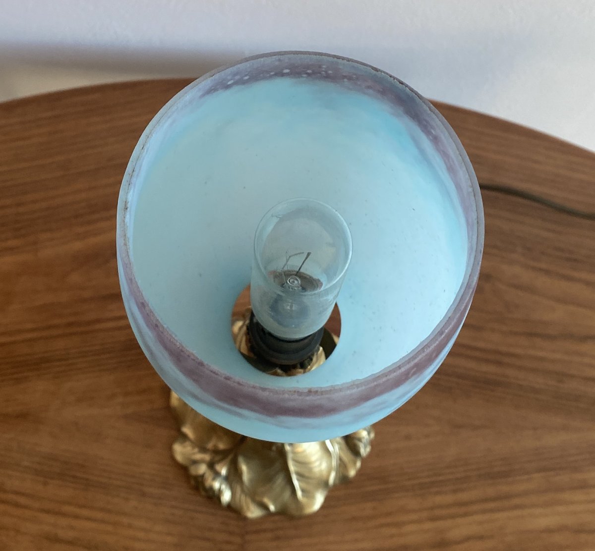 Art Nouveau Table Lamp In Bronze And Pâte De Verre Tulip Shade, 20th Century-photo-3