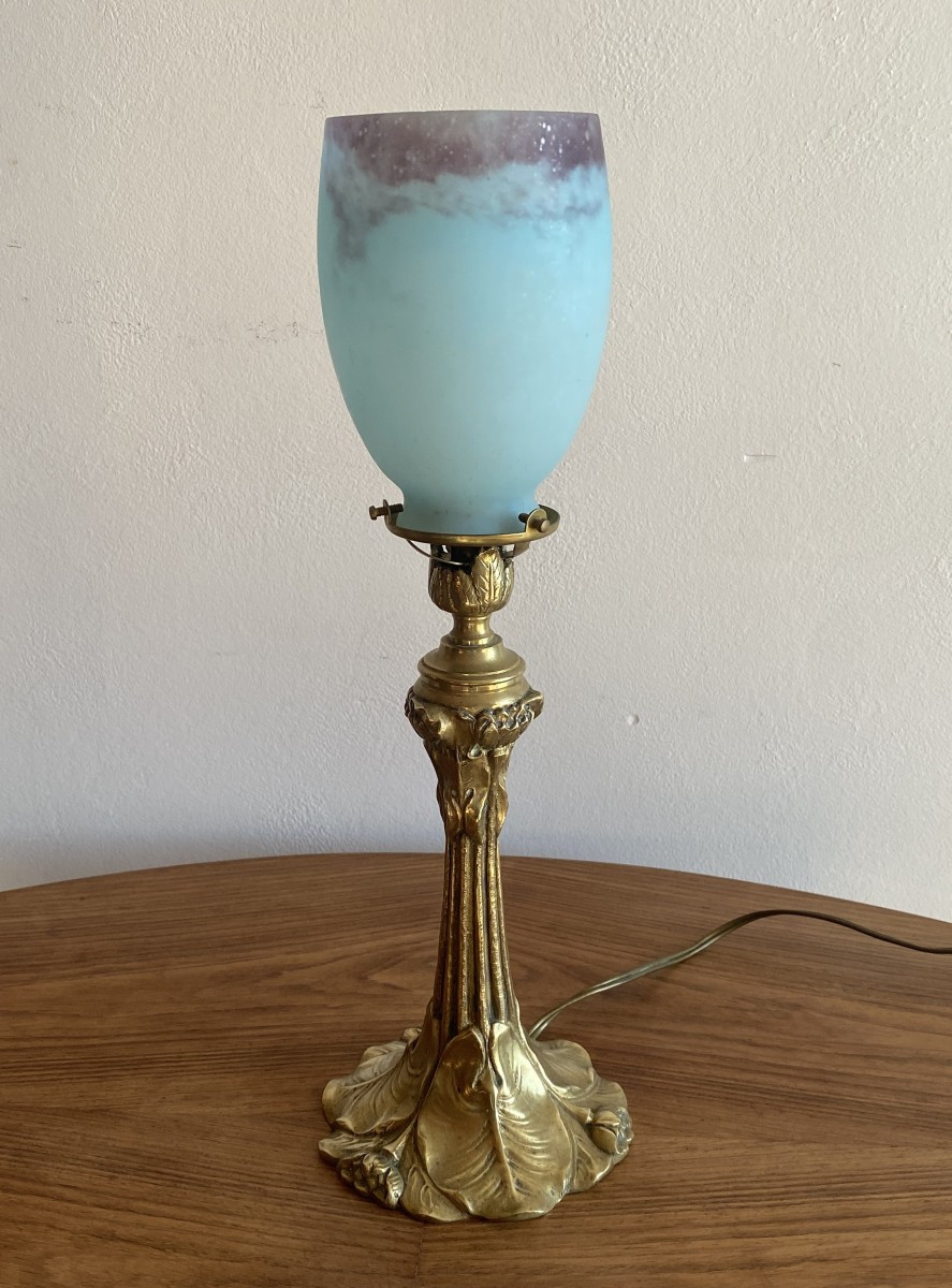 Art Nouveau Table Lamp In Bronze And Pâte De Verre Tulip Shade, 20th Century