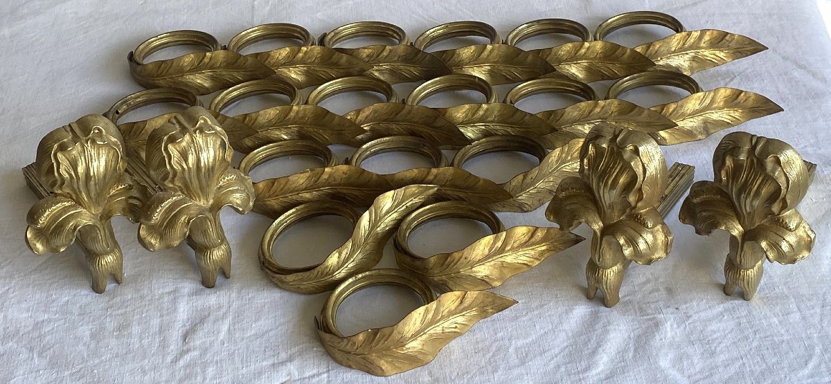 Set Of 4 Curtain Rods Or Tiebacks With Fleur-de-lis Decoration And 18 Leaf-shaped Rings, 19th Century-photo-4