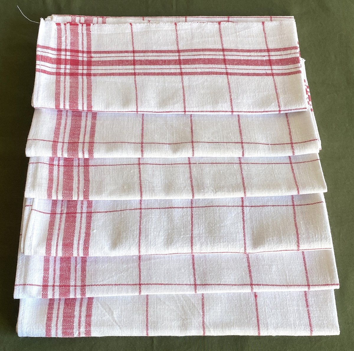 6 Antique Linen Tea Towels – Red Checks – 20th Century-photo-4