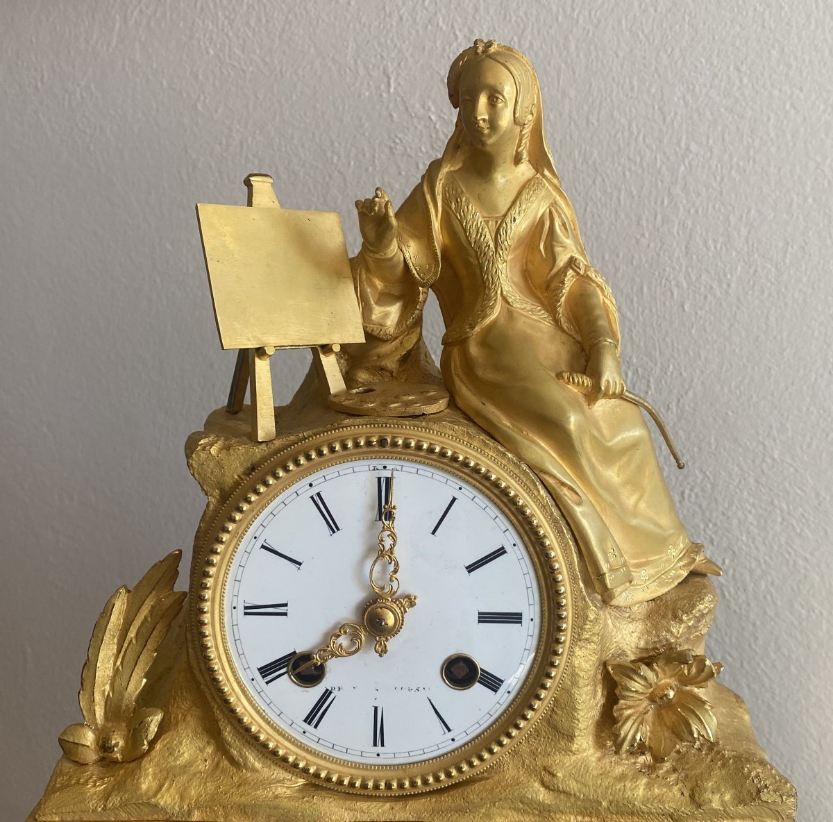 Mercury-gilded Bronze Clock Depicting A "female Painter," 19th Century-photo-2