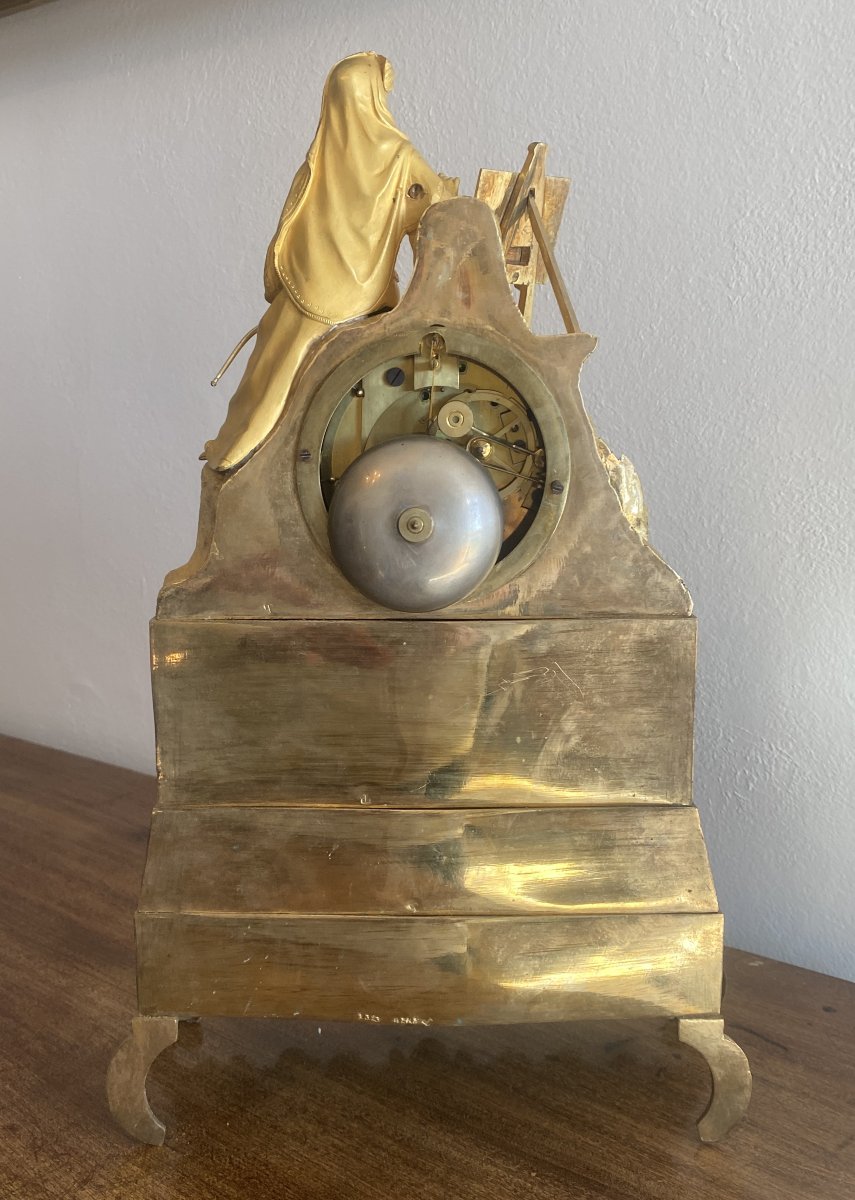 Mercury-gilded Bronze Clock Depicting A "female Painter," 19th Century-photo-2