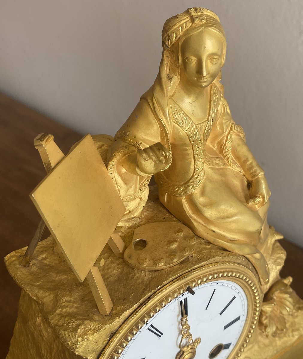 Mercury-gilded Bronze Clock Depicting A "female Painter," 19th Century-photo-5