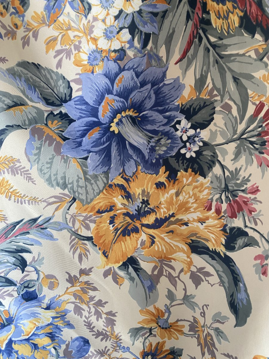 4 Pairs Of Antique Curtains Decorated With Birds And Large Flowers -photo-2