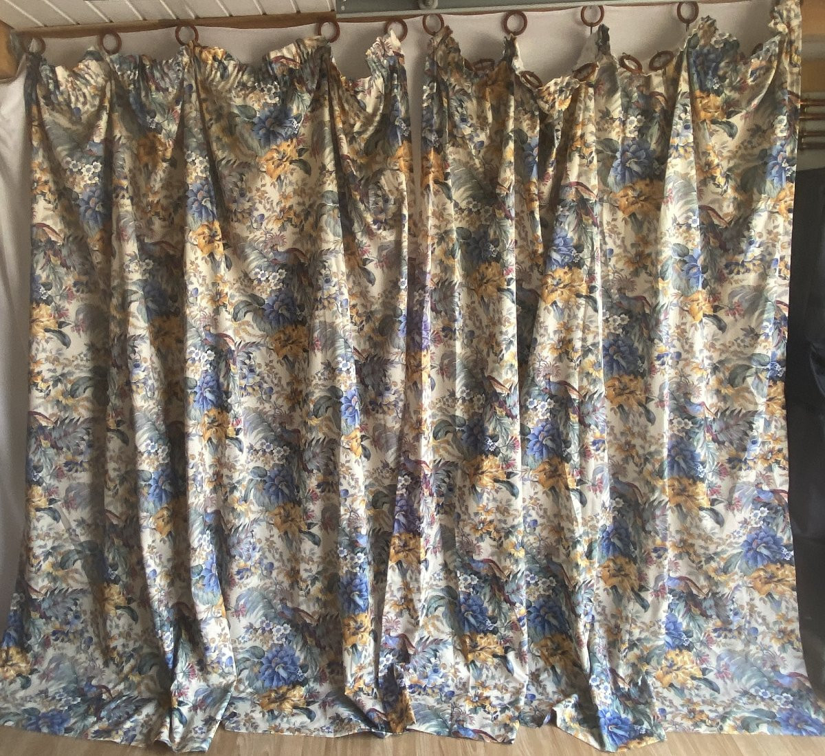 4 Pairs Of Antique Curtains Decorated With Birds And Large Flowers -photo-3